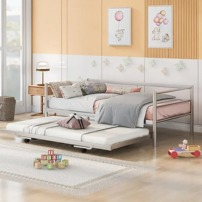 Metal Daybed with Adjustable Trundle, Pop Up Trundle