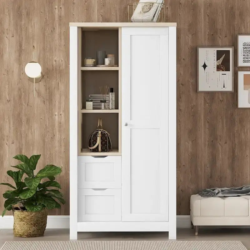 Nestfair Bedroom Storage Wardrobe with Hanging Rods and 2 Drawers and Open Shelves