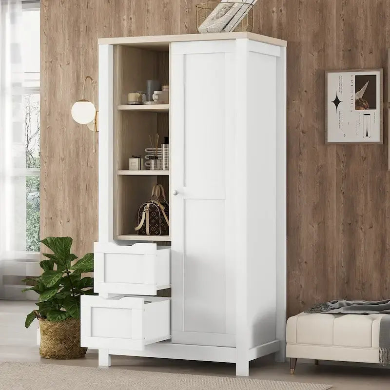 Nestfair Bedroom Storage Wardrobe with Hanging Rods and 2 Drawers and Open Shelves