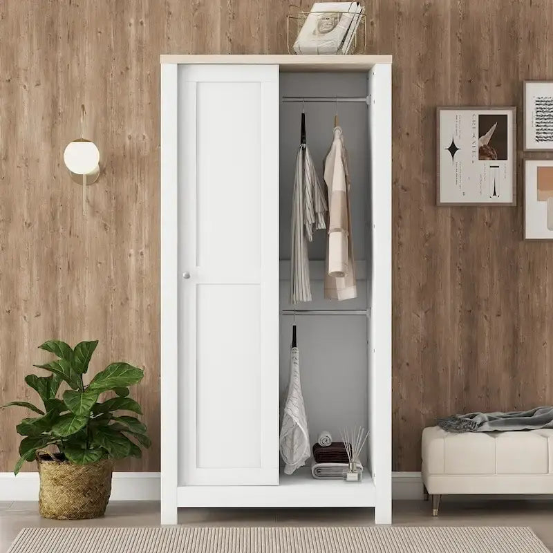 Nestfair Bedroom Storage Wardrobe with Hanging Rods and 2 Drawers and Open Shelves