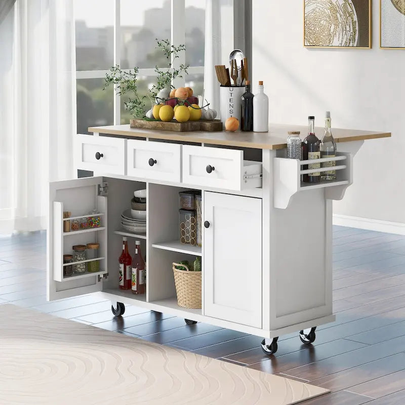 Kitchen Cart with Rubber wood Drop-Leaf Countertop 5 Wheels with Storage Cabinet and 3 Drawers