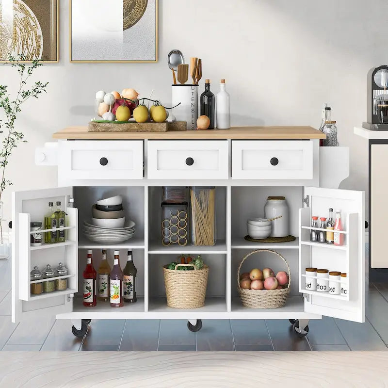 Kitchen Cart with Rubber wood Drop-Leaf Countertop 5 Wheels with Storage Cabinet and 3 Drawers