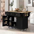 Kitchen Cart with Rubber wood Drop-Leaf Countertop 5 Wheels with Storage Cabinet and 3 Drawers