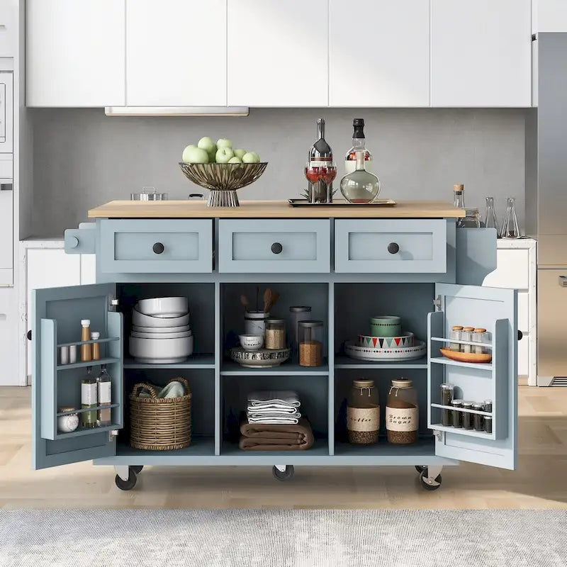 Kitchen Cart with Rubber wood Drop-Leaf Countertop 5 Wheels with Storage Cabinet and 3 Drawers