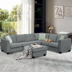 112-inch L-shaped 7-seat Modular Sectional Sofa with Ottoman and Three Pillows - 112W x 87D x 33H