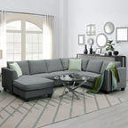 112-inch L-shaped 7-seat Modular Sectional Sofa with Ottoman and Three Pillows - 112W x 87D x 33H