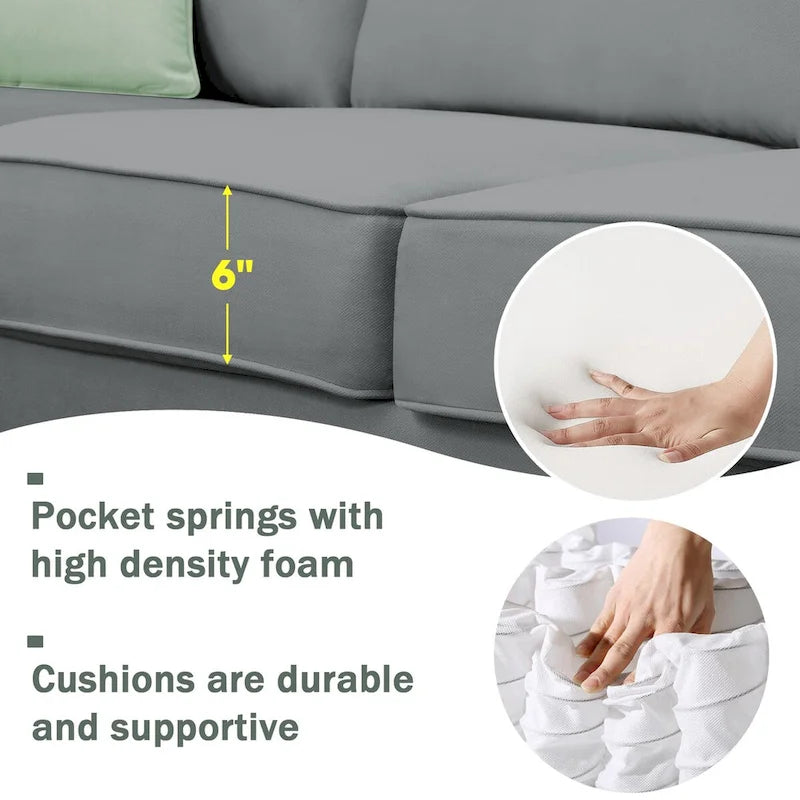 112-inch L-shaped 7-seat Modular Sectional Sofa with Ottoman and Three Pillows - 112W x 87D x 33H