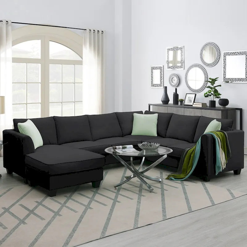 112-inch L-shaped 7-seat Modular Sectional Sofa with Ottoman and Three Pillows - 112W x 87D x 33H