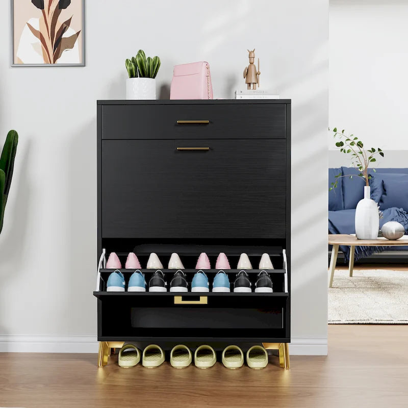 Shoe Storage Cabinet for Entryway, Free Standing Organizer with 2 Flip Drawers, Hidden Shoe Rack for Doorway Hallway Closet