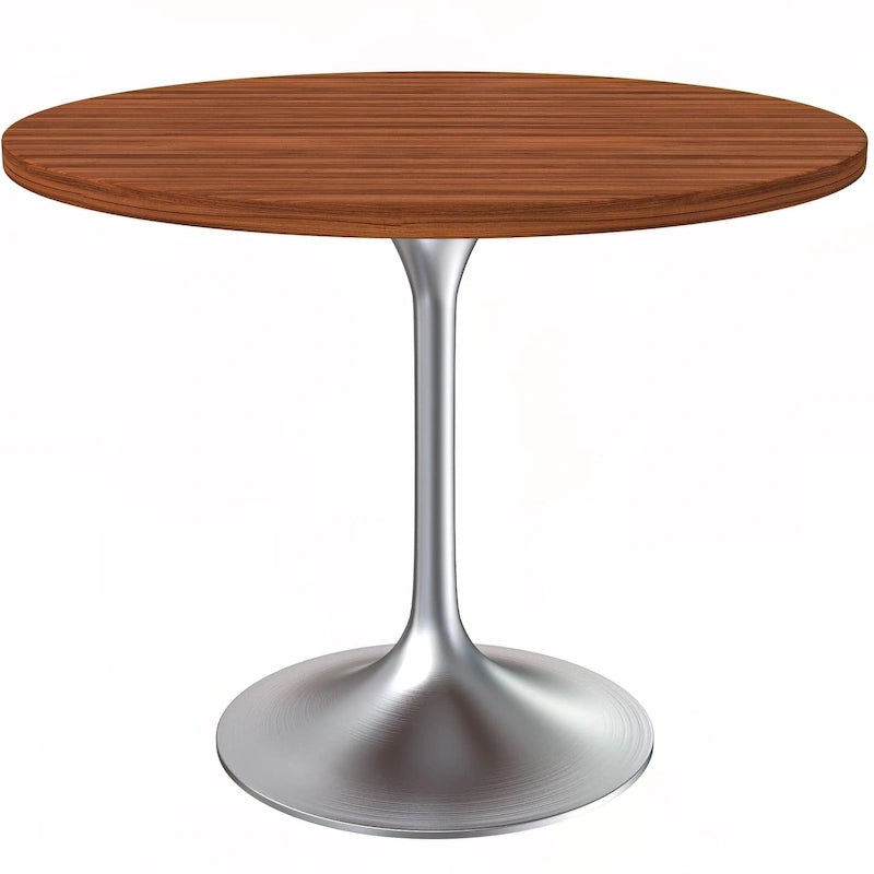 LeisureMod Verve 36 Round Dining Table with MDF Wood TableTop and Brushed Chrome Base for Kitchen & Dining Room