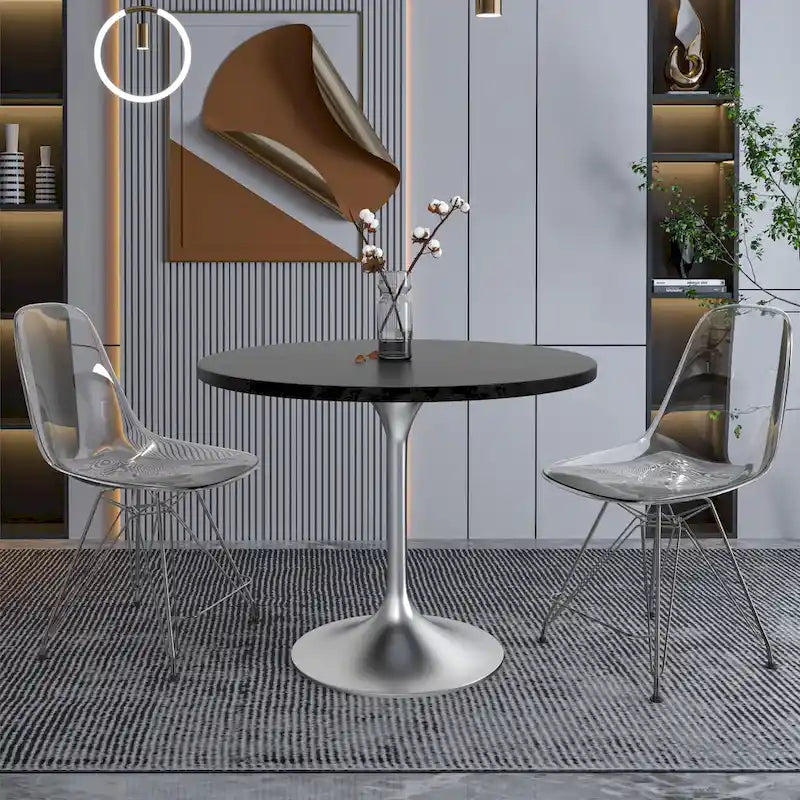 LeisureMod Verve 36 Round Dining Table with MDF Wood TableTop and Brushed Chrome Base for Kitchen & Dining Room