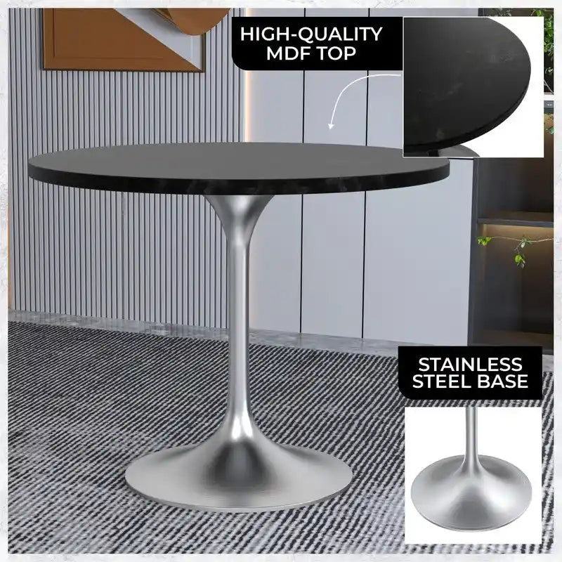 LeisureMod Verve 36 Round Dining Table with MDF Wood TableTop and Brushed Chrome Base for Kitchen & Dining Room