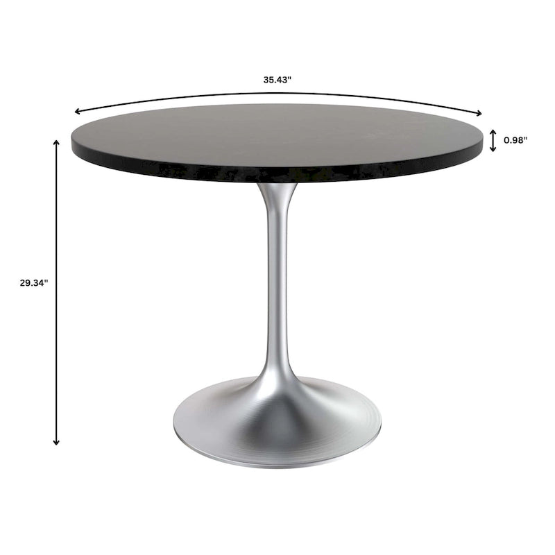 LeisureMod Verve 36 Round Dining Table with MDF Wood TableTop and Brushed Chrome Base for Kitchen & Dining Room