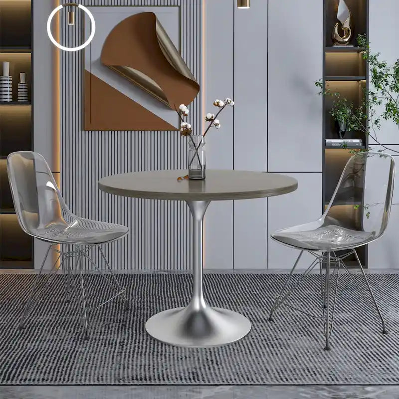 LeisureMod Verve 36 Round Dining Table with MDF Wood TableTop and Brushed Chrome Base for Kitchen & Dining Room