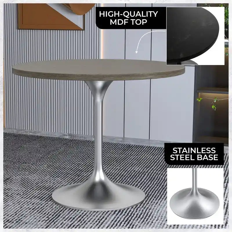 LeisureMod Verve 36 Round Dining Table with MDF Wood TableTop and Brushed Chrome Base for Kitchen & Dining Room