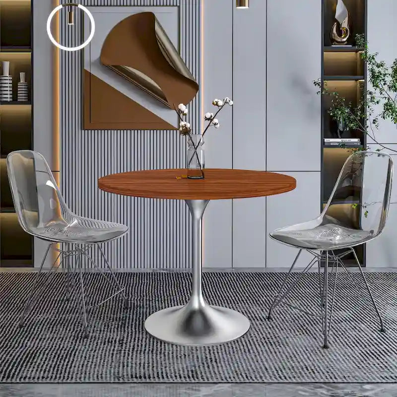 LeisureMod Verve 36 Round Dining Table with MDF Wood TableTop and Brushed Chrome Base for Kitchen & Dining Room