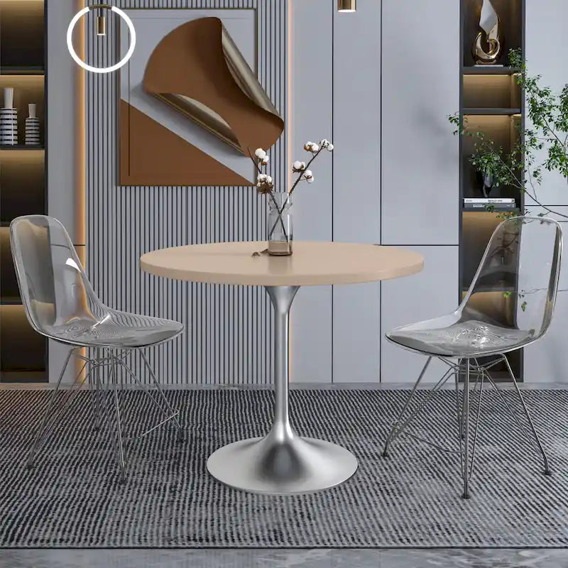LeisureMod Verve 36 Round Dining Table with MDF Wood TableTop and Brushed Chrome Base for Kitchen & Dining Room