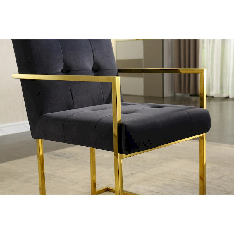 Modern Velvet Dining Arm Chair Set of 1, Tufted Design and Gold Finish Stainless Base