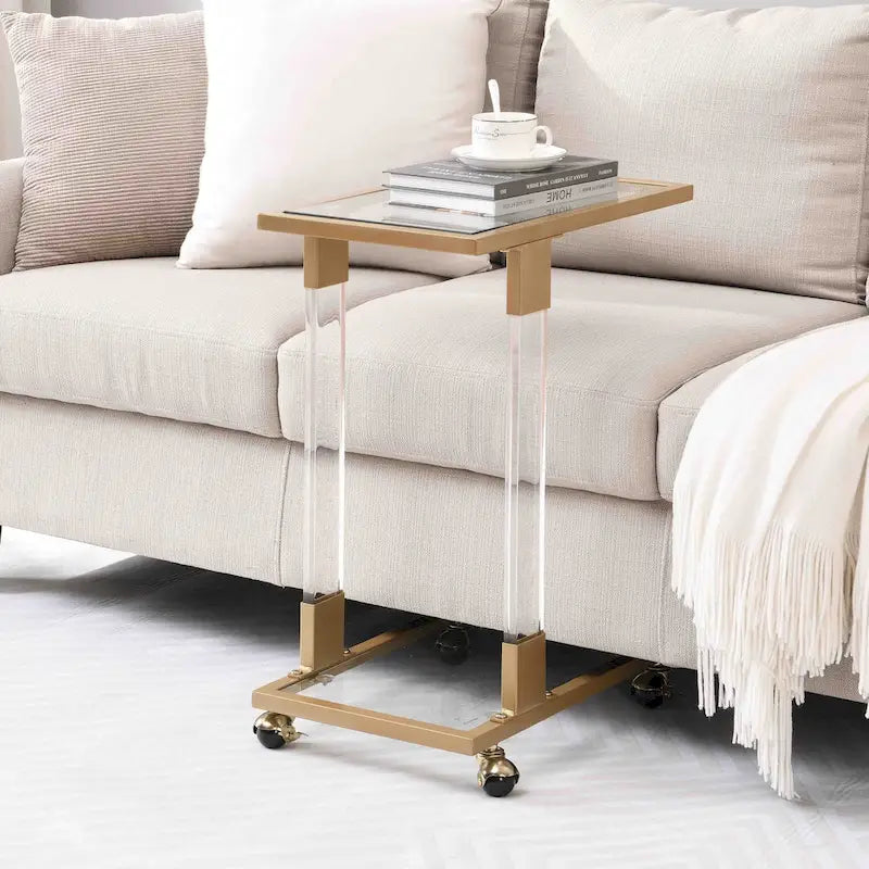 C-Shape Square Acrylic Side Table Sofa Table with Glass Top and Metal Base