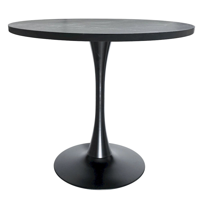 This 36-inch round dining table seats four, featuring a medium-density fiberboard tabletop and a stylish black iron base, suitable for both kitchen and dining areas.