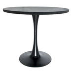 This 36-inch round dining table seats four, featuring a medium-density fiberboard tabletop and a stylish black iron base, suitable for both kitchen and dining areas.