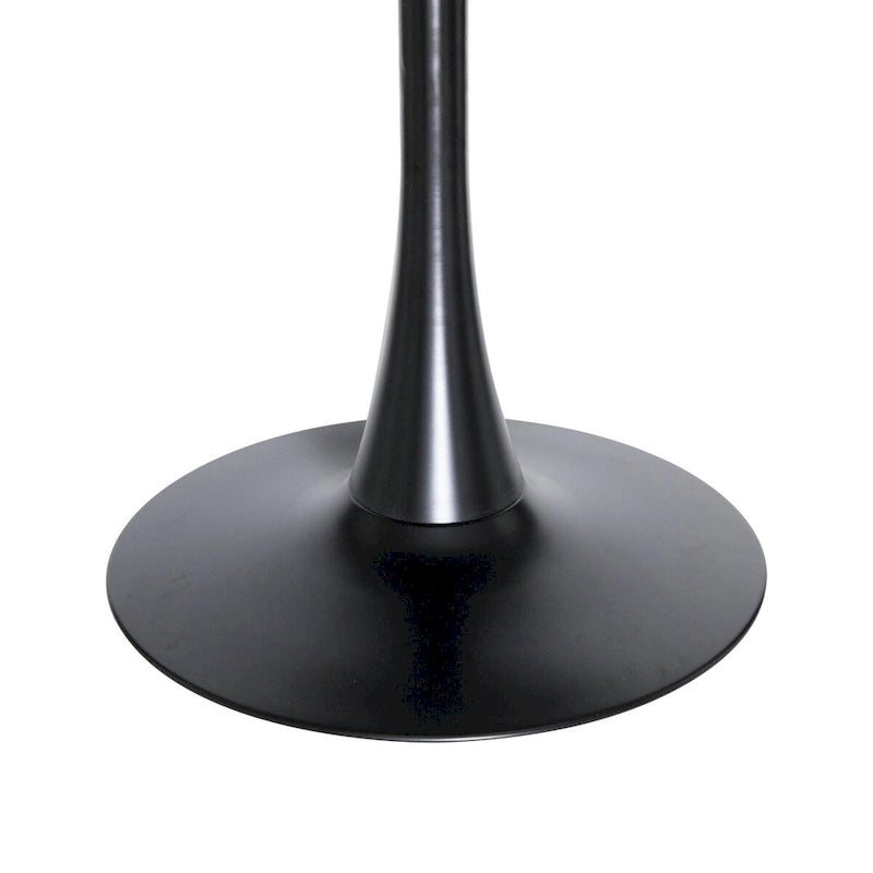 This 36-inch round dining table seats four, featuring a medium-density fiberboard tabletop and a stylish black iron base, suitable for both kitchen and dining areas.