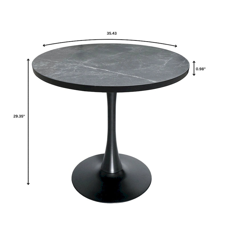 This 36-inch round dining table seats four, featuring a medium-density fiberboard tabletop and a stylish black iron base, suitable for both kitchen and dining areas.