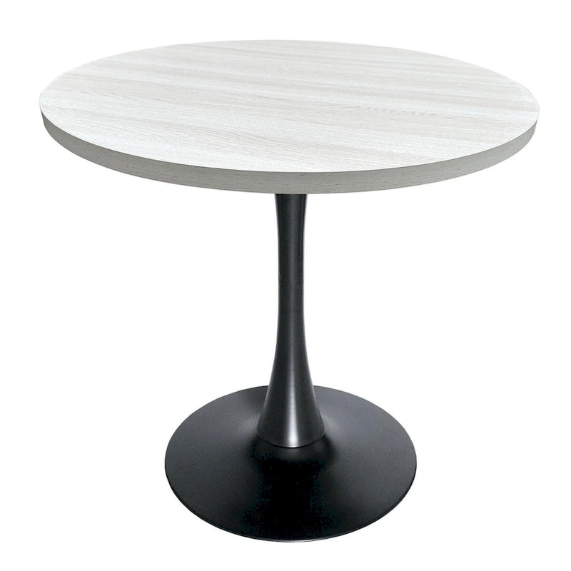 This 36-inch round dining table seats four, featuring a medium-density fiberboard tabletop and a stylish black iron base, suitable for both kitchen and dining areas.