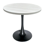 This 36-inch round dining table seats four, featuring a medium-density fiberboard tabletop and a stylish black iron base, suitable for both kitchen and dining areas.