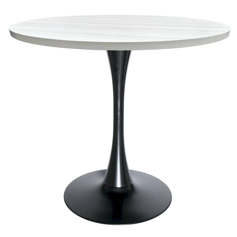 This 36-inch round dining table seats four, featuring a medium-density fiberboard tabletop and a stylish black iron base, suitable for both kitchen and dining areas.