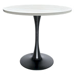 This 36-inch round dining table seats four, featuring a medium-density fiberboard tabletop and a stylish black iron base, suitable for both kitchen and dining areas.