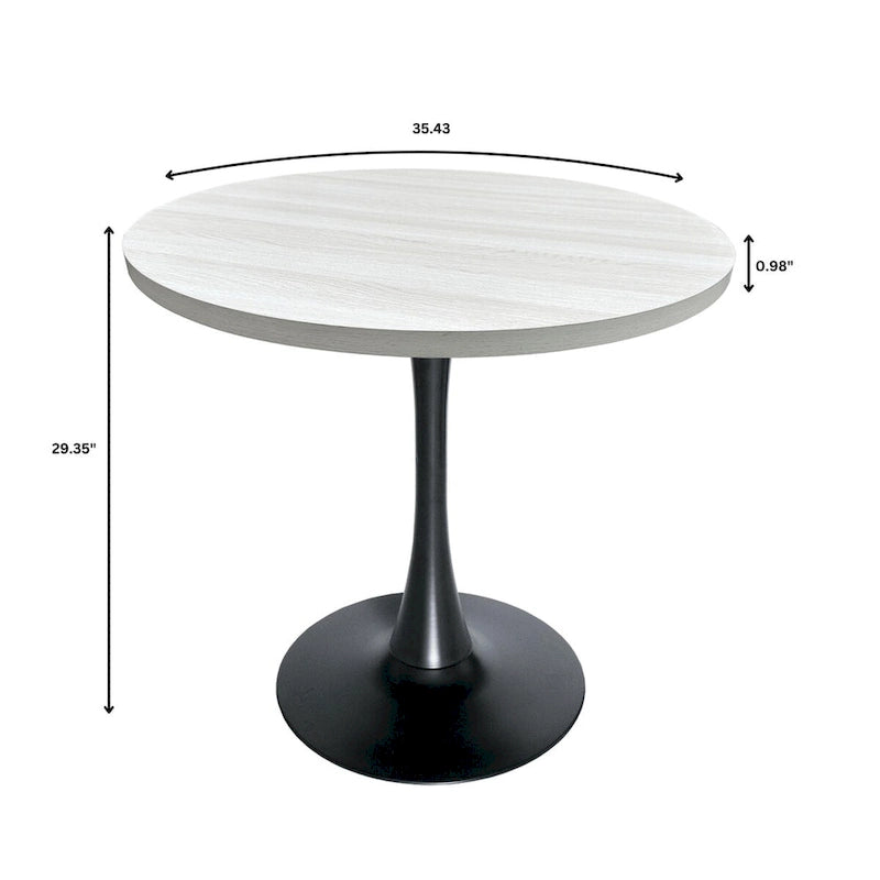 This 36-inch round dining table seats four, featuring a medium-density fiberboard tabletop and a stylish black iron base, suitable for both kitchen and dining areas.