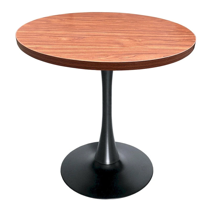 This 36-inch round dining table seats four, featuring a medium-density fiberboard tabletop and a stylish black iron base, suitable for both kitchen and dining areas.