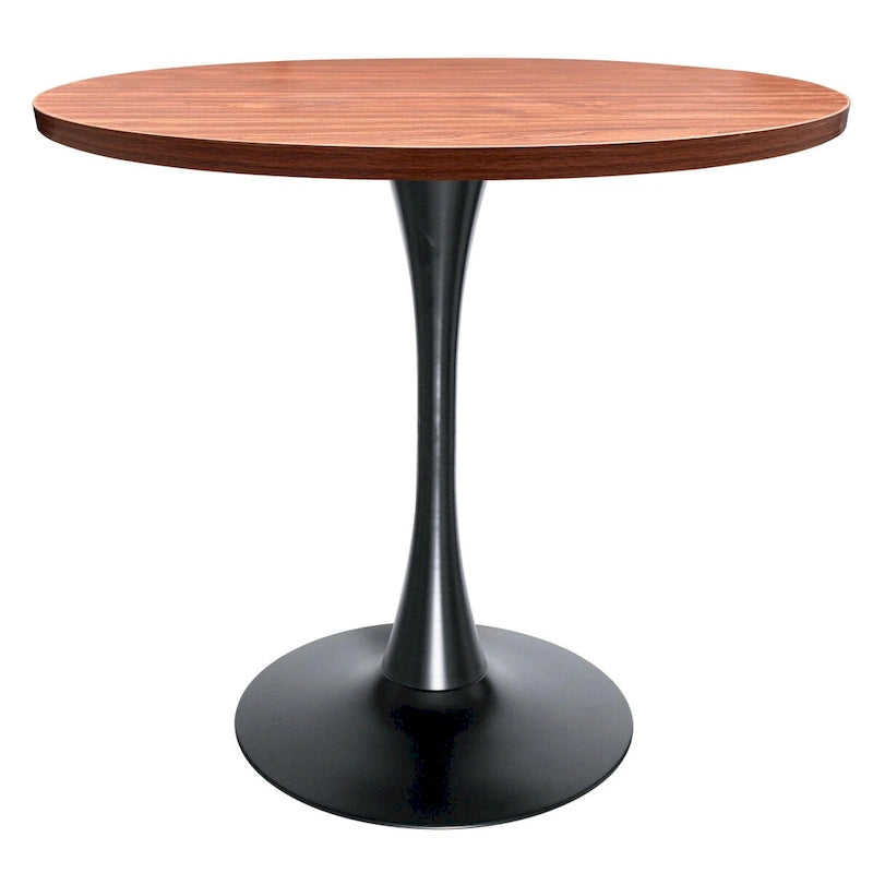 This 36-inch round dining table seats four, featuring a medium-density fiberboard tabletop and a stylish black iron base, suitable for both kitchen and dining areas.