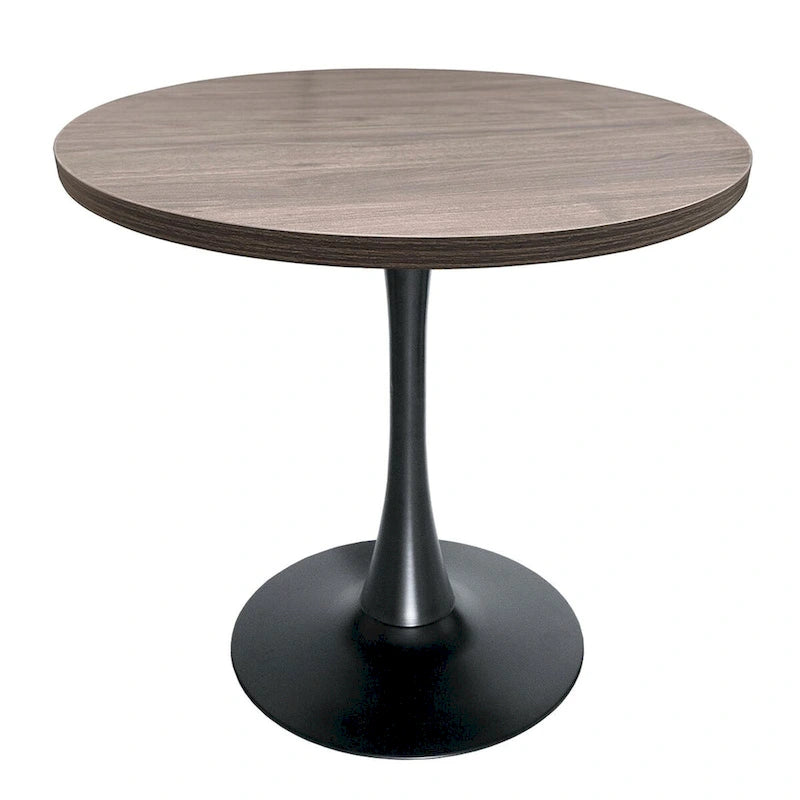 This 36-inch round dining table seats four, featuring a medium-density fiberboard tabletop and a stylish black iron base, suitable for both kitchen and dining areas.