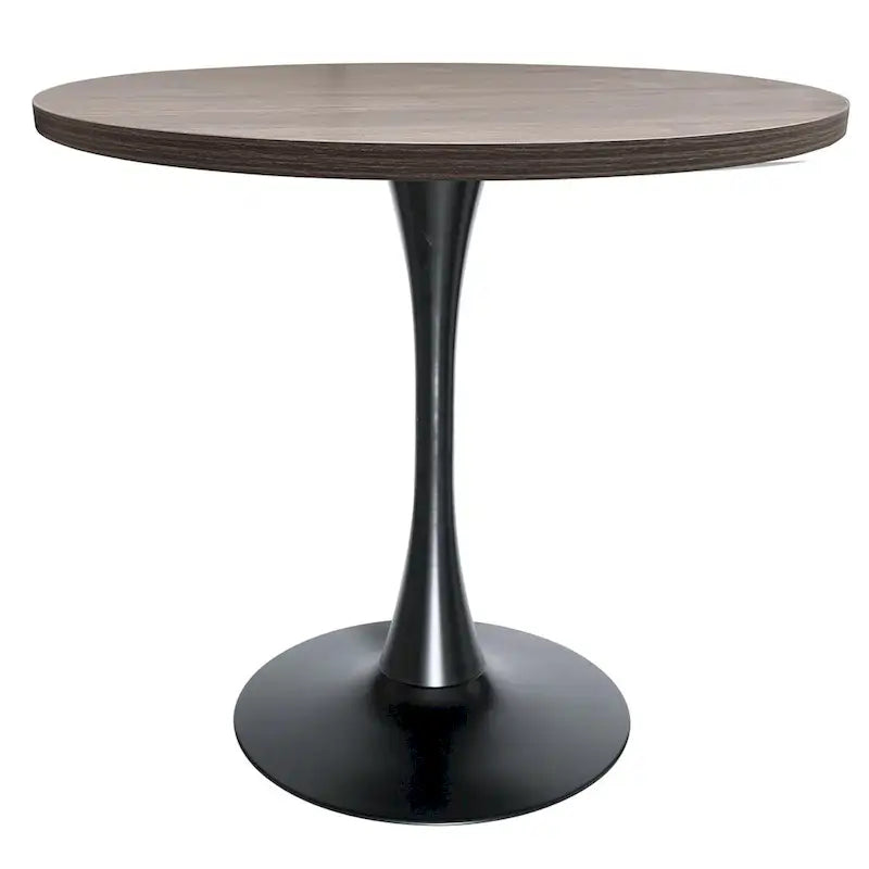 This 36-inch round dining table seats four, featuring a medium-density fiberboard tabletop and a stylish black iron base, suitable for both kitchen and dining areas.