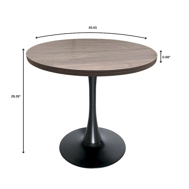 This 36-inch round dining table seats four, featuring a medium-density fiberboard tabletop and a stylish black iron base, suitable for both kitchen and dining areas.