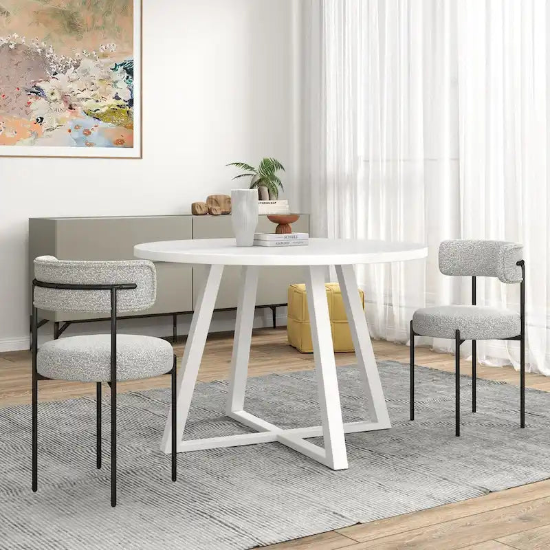 White Round Dining Table with 4 Boucle Chairs for 4 People