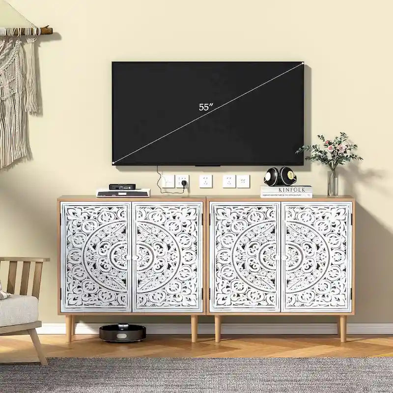 2-Door Hollow-Carved Wood Buffets and Sideboards Storage Cabinet for Living Room - 31.5 W x 13.78 D x 30.71 H