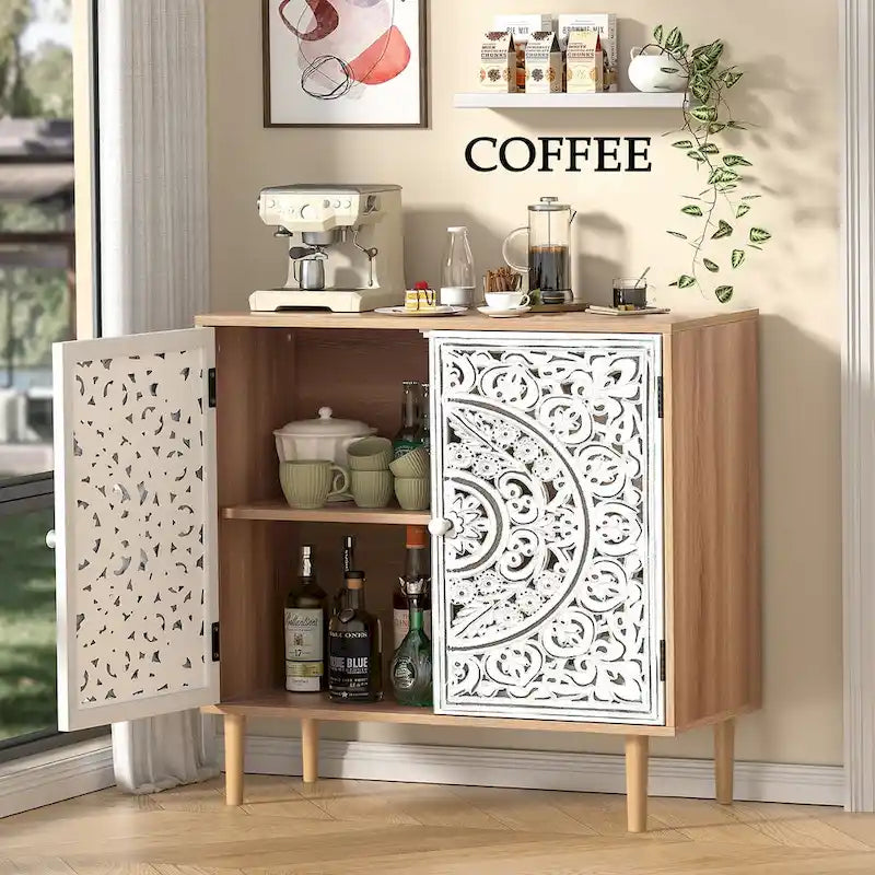 2-Door Hollow-Carved Wood Buffets and Sideboards Storage Cabinet for Living Room - 31.5 W x 13.78 D x 30.71 H