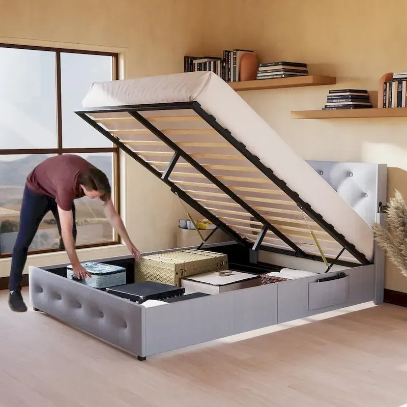 Full Size Bed Frame with Gas Lift Storage Bed and USB Ports