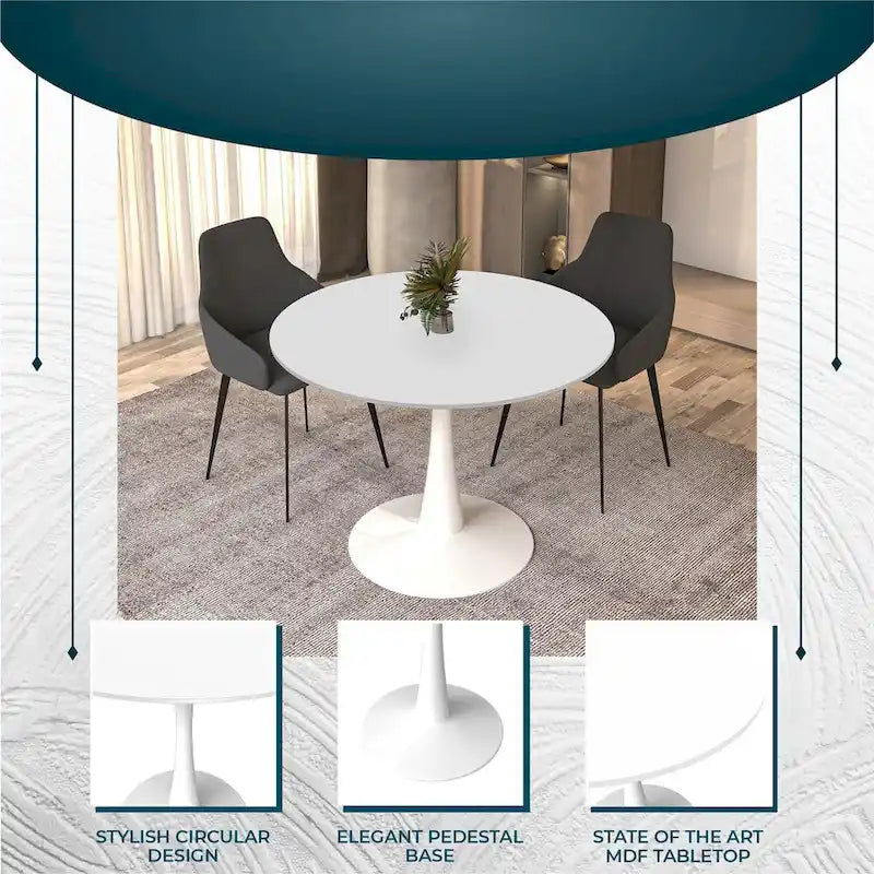 LeisureMod Bristol 40 Round Dining Table for 4 with MDF Wood Tabletop in White Steel Base for Kitchen & Dining Room